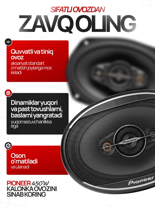 Avtomobil kalonkalari Pioneer 450W, 650W, 700W oval dinamiklar mashina uchun 4 polosali