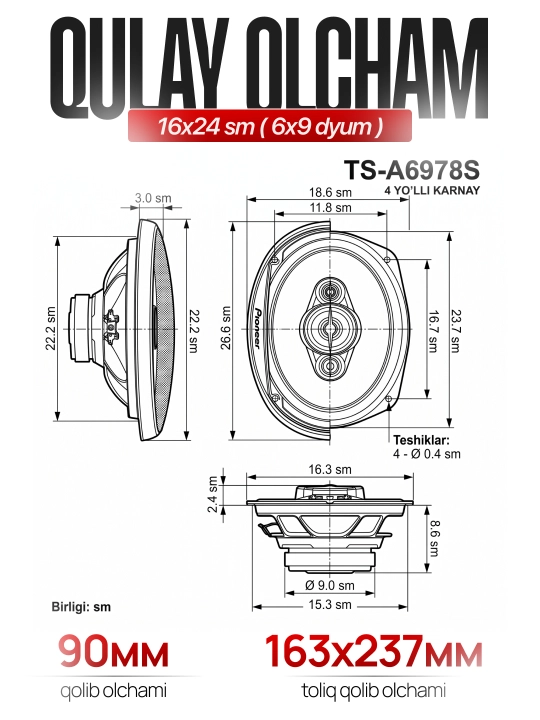 Avtomobil kalonkalari Pioneer 450W, 650W, 700W oval dinamiklar mashina uchun 4 polosali