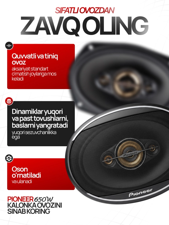 Avtomobil kalonkalari Pioneer 450W, 650W, 700W oval dinamiklar mashina uchun 4 polosali