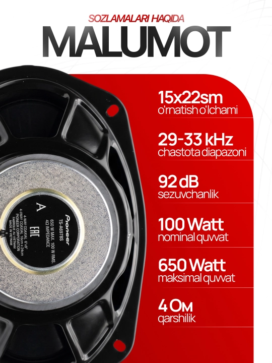 Avtomobil kalonkalari Pioneer 450W, 650W, 700W oval dinamiklar mashina uchun 4 polosali