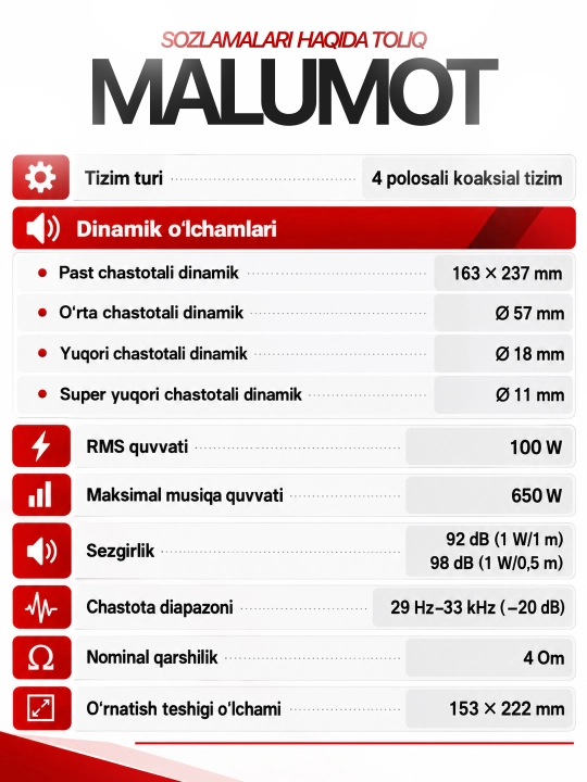 Avtomobil kalonkalari Pioneer 450W, 650W, 700W oval dinamiklar mashina uchun 4 polosali