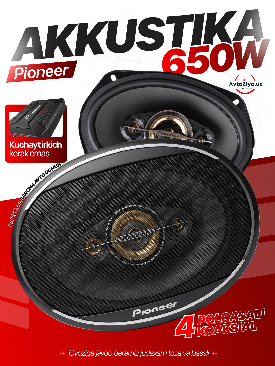 Avtomobil kalonkalari Pioneer 450W, 650W, 700W oval dinamiklar mashina uchun 4 polosali - 