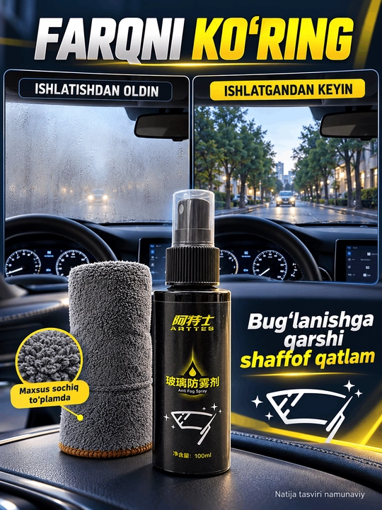 Avtomobil oynalari uchun bug‘lanishga qarshi ARTTES sprey, 100 ml  maxsus sochiq bilan