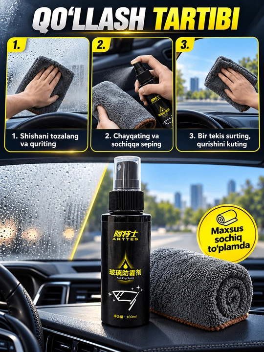 Avtomobil oynalari uchun bug‘lanishga qarshi ARTTES sprey, 100 ml  maxsus sochiq bilan