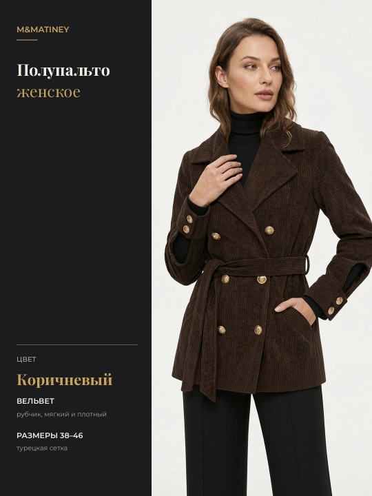 M&MATINEY ayollar duxoba yarim paltosi, ikki qatorli, belbogʻli, mavsumiy