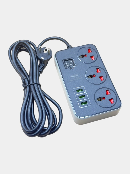 USB interfeysli 3 metrli elektr tasmasi, 2500 Vt, 2,5 kVt, 10 A, zazimleniyali, 3 port USB
