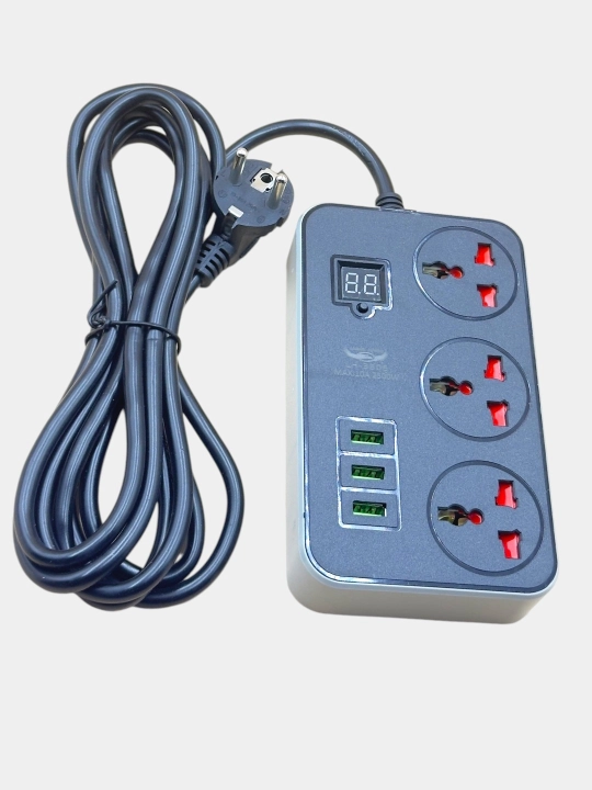 USB interfeysli 3 metrli elektr tasmasi, 2500 Vt, 2,5 kVt, 10 A, zazimleniyali, 3 port USB - 