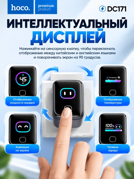 Адаптер для зарядки HOCO DC171 45W GaN USB-C PD с AI Smart Display, быстрая зарядка