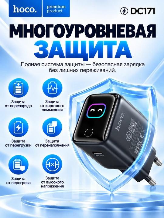 Адаптер для зарядки HOCO DC171 45W GaN USB-C PD с AI Smart Display, быстрая зарядка