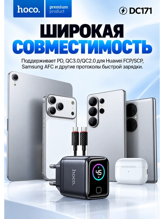 Адаптер для зарядки HOCO DC171 45W GaN USB-C PD с AI Smart Display, быстрая зарядка
