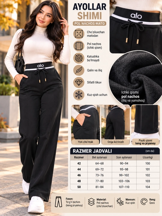 Ayollar kuz-qish shimlari, keng fason, baland belli, pol nachos, qora, Razmerlar: 42–50