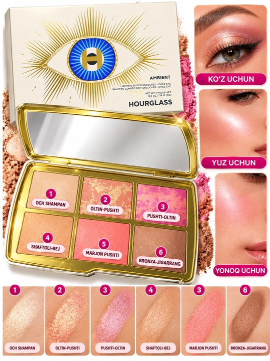 Yuz uchun 6 rangli premium paletka, haylayter, rumyana, bronzer va yorituvchi