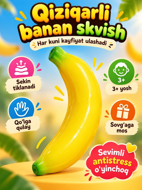Banan Squishy bolalar uchun yumshoq antistress sensor o‘yinchoq, siqiladigan banan