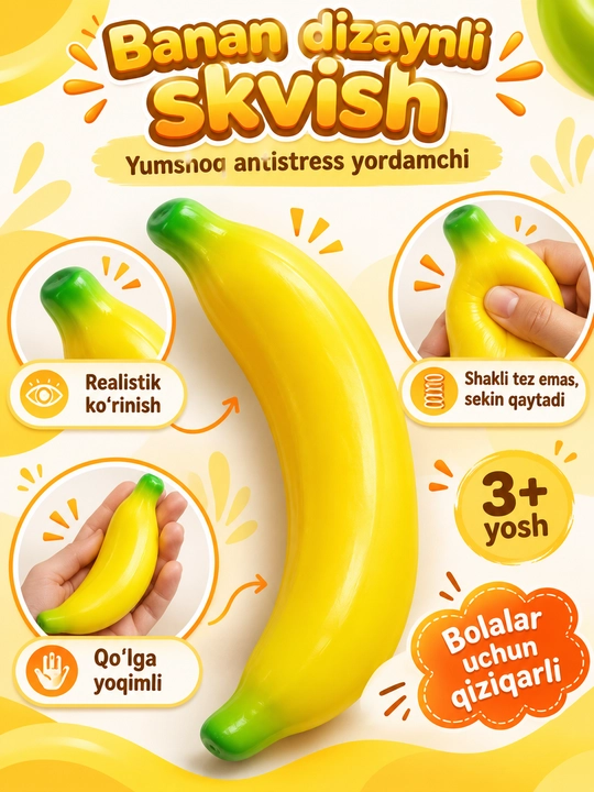 Banan Squishy bolalar uchun yumshoq antistress sensor o‘yinchoq, siqiladigan banan