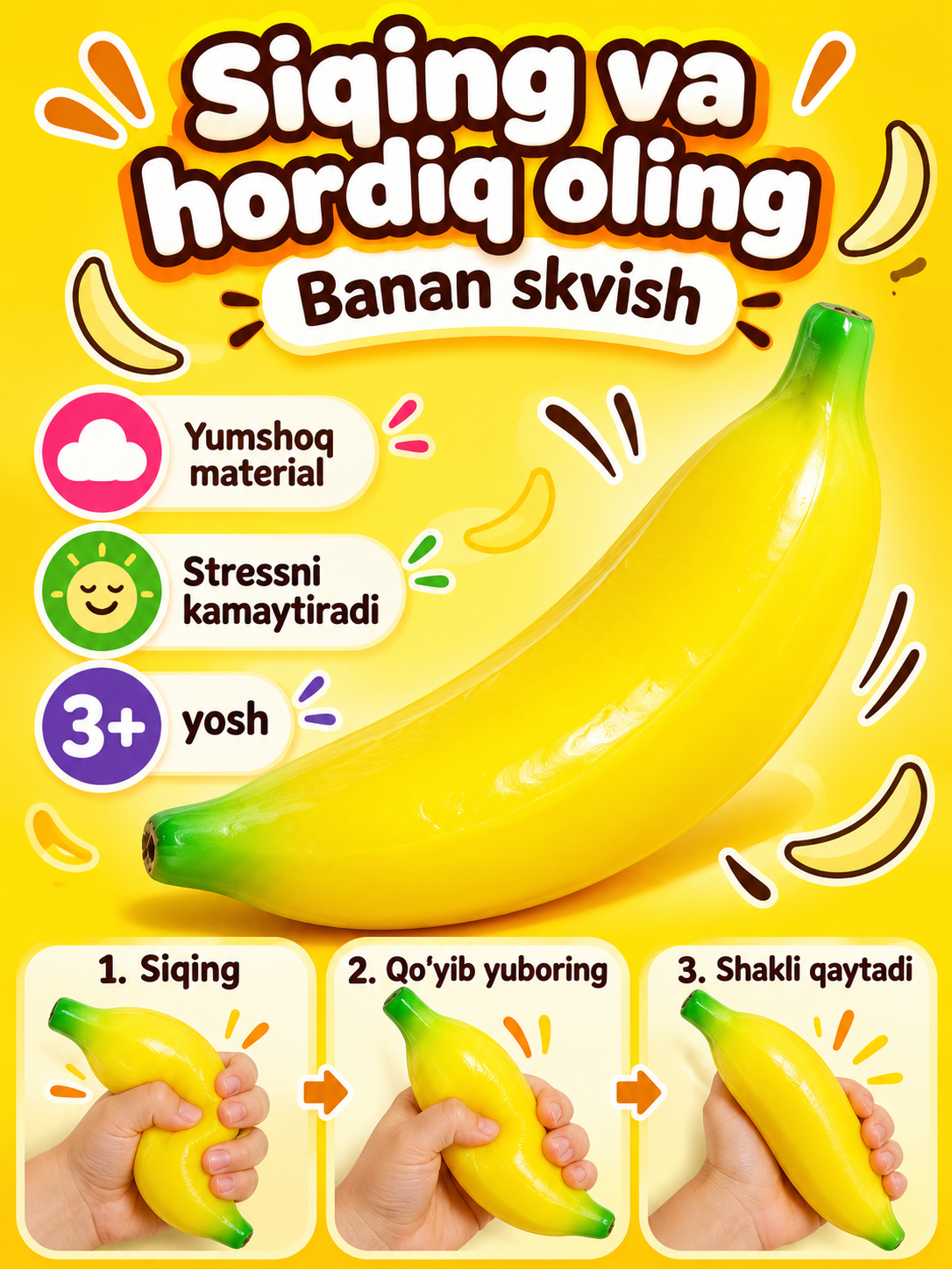 Banan Squishy bolalar uchun yumshoq antistress sensor o‘yinchoq, siqiladigan banan