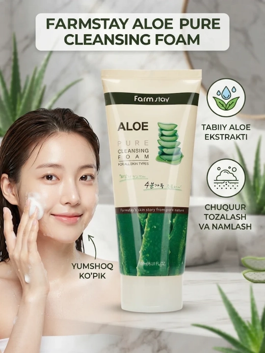 Farmstay Aloe Pure Cleansing Foam aloe veraga ega terini tozalovchi va namlantiruvchi (180 ml) - 