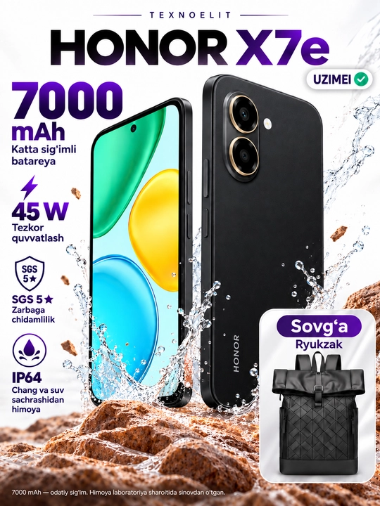 HONOR X7e smartfoni, 6 GB/256 GB, 7000 mA/soat, 45 Vt, 6,61′′ 120 Gs, 50 MP - 