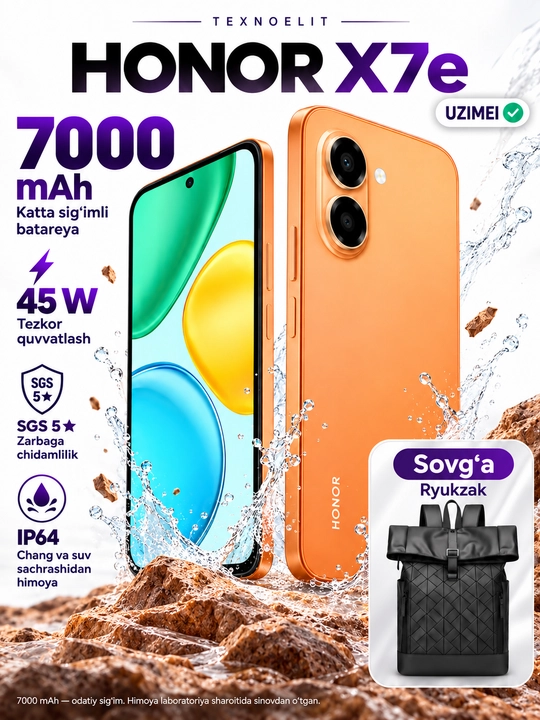 HONOR X7e smartfoni, 6 GB/256 GB, 7000 mA/soat, 45 Vt, 6,61′′ 120 Gs, 50 MP - 