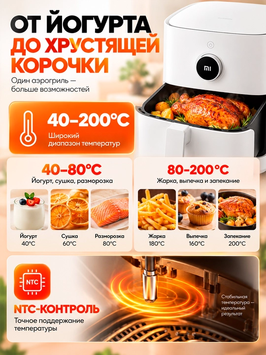 Xiaomi Smart Air Fryer aqlli aerogril 6.5 l/5.5 l, tayyor retseptlar bilan, global versiya