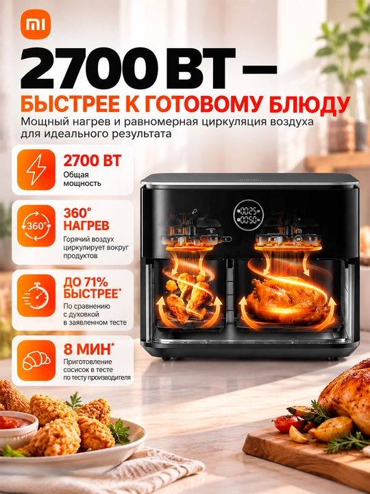 Xiaomi Smart Air Fryer aqlli aerogril 6.5 l/5.5 l, tayyor retseptlar bilan, global versiya