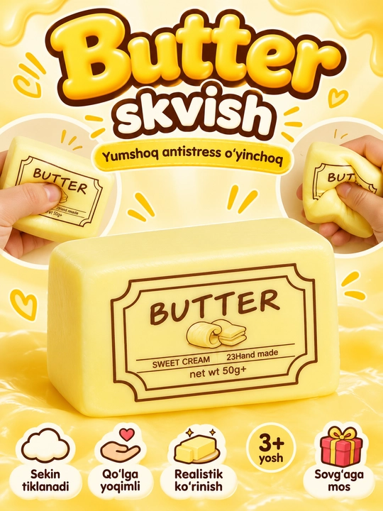 Butter Squishy sariyog‘ shaklidagi yumshoq antistress sensor o‘yinchoq bolalar uchun