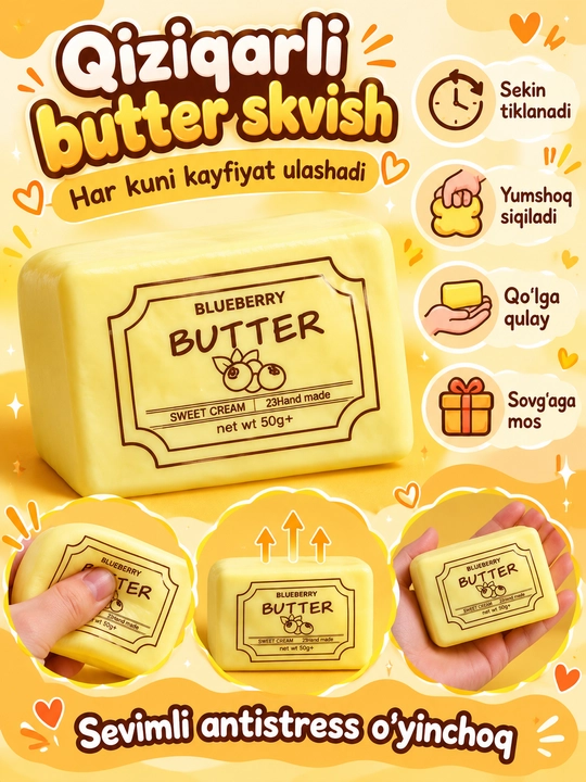 Butter Squishy sariyog‘ shaklidagi yumshoq antistress sensor o‘yinchoq bolalar uchun