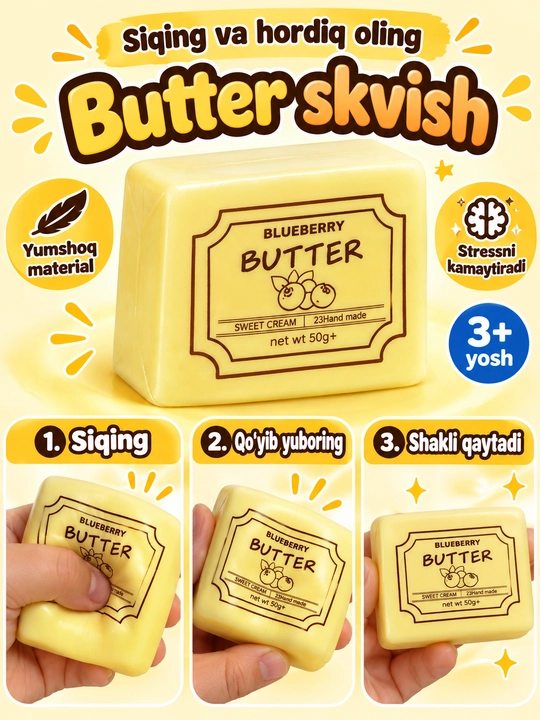 Butter Squishy sariyog‘ shaklidagi yumshoq antistress sensor o‘yinchoq bolalar uchun