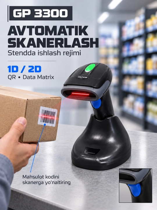 Shtrix-kod skaneri YESPOS GP 3300, 1D/2D, simsiz, stendli