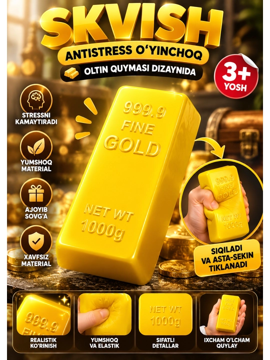 Gold Squishy oltin quymasi shaklidagi yumshoq antistress o‘yinchoq bolalar uchun - 