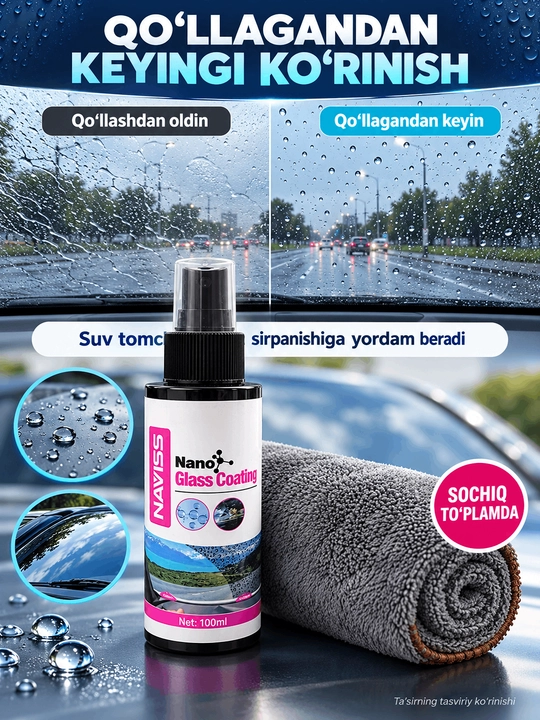 Avtomobil shishalari uchun NAVISS suv qaytaruvchi nano qoplama, 100 ml maxsus sochiq bilan