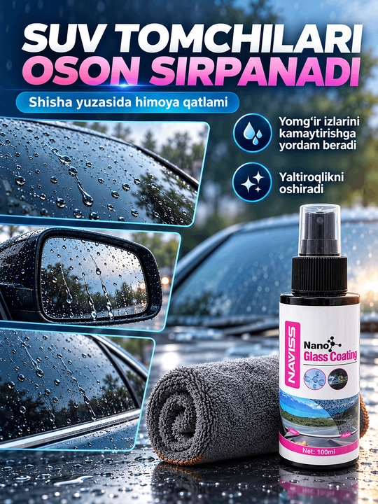 Avtomobil shishalari uchun NAVISS suv qaytaruvchi nano qoplama, 100 ml maxsus sochiq bilan