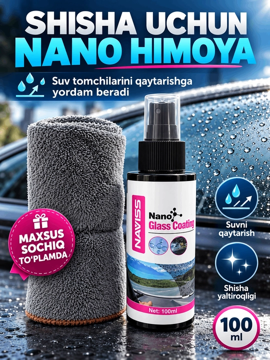 Avtomobil shishalari uchun NAVISS suv qaytaruvchi nano qoplama, 100 ml maxsus sochiq bilan - 