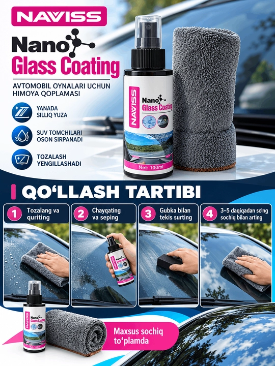 Avtomobil shishalari uchun NAVISS suv qaytaruvchi nano qoplama, 100 ml maxsus sochiq bilan