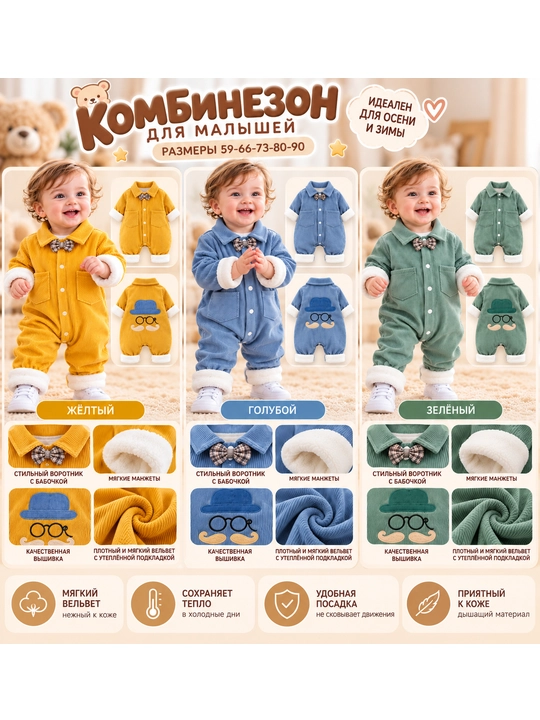 Тёплый комбинезон для малышей и новорождённых, осень-зима, 66–90, для мальчиков и девочек