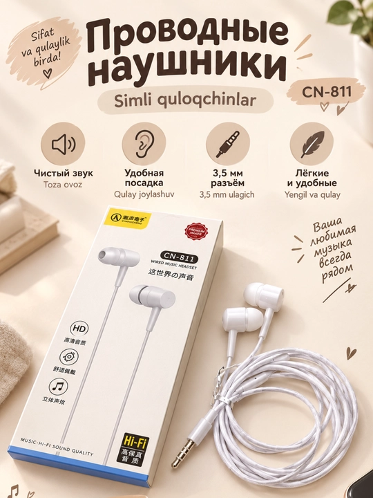 Проводные наушники Type-C AUX 3,5 мм, с микрофоном, чистым звуком и басом - 