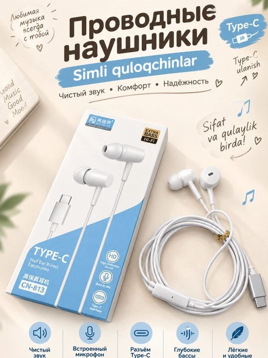 Проводные наушники Type-C AUX 3,5 мм, с микрофоном, чистым звуком и басом - 