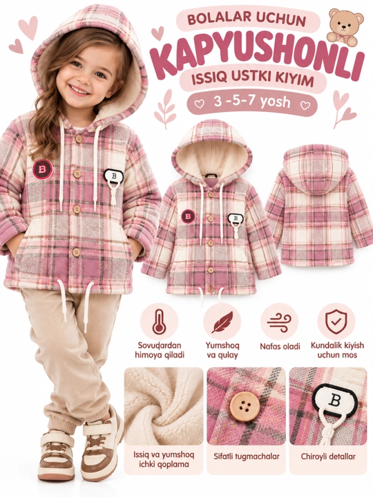 Тёплая курточка для детей, 3–7 лет, с капюшоном, мягкая клетчатая верхняя одежда
