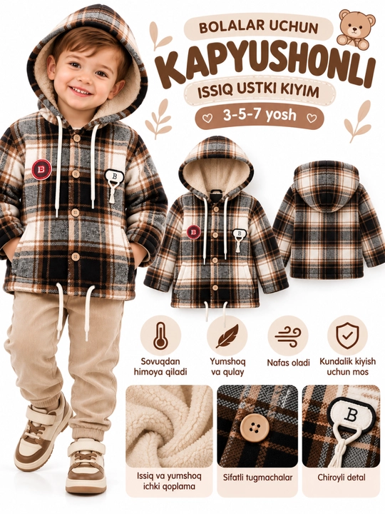 Тёплая курточка для детей, 3–7 лет, с капюшоном, мягкая клетчатая верхняя одежда