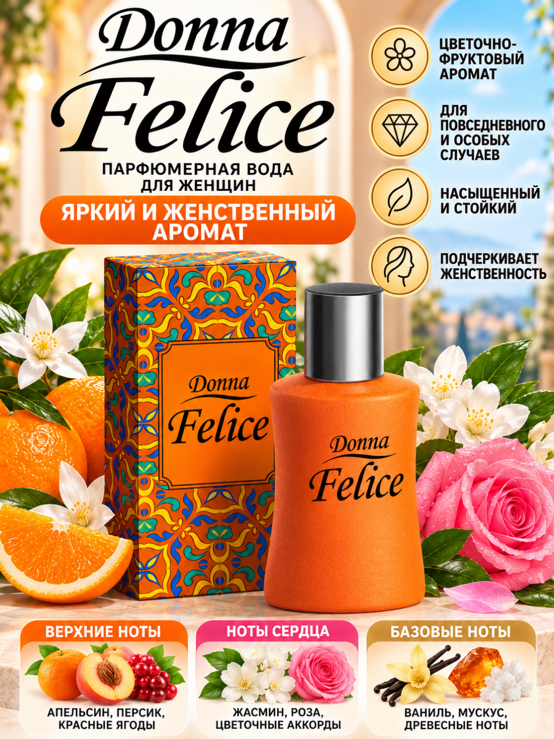 Donna Felice ayollar uchun daraxt-sitrus iforli parfyumlangan suvi, 50 ml - 