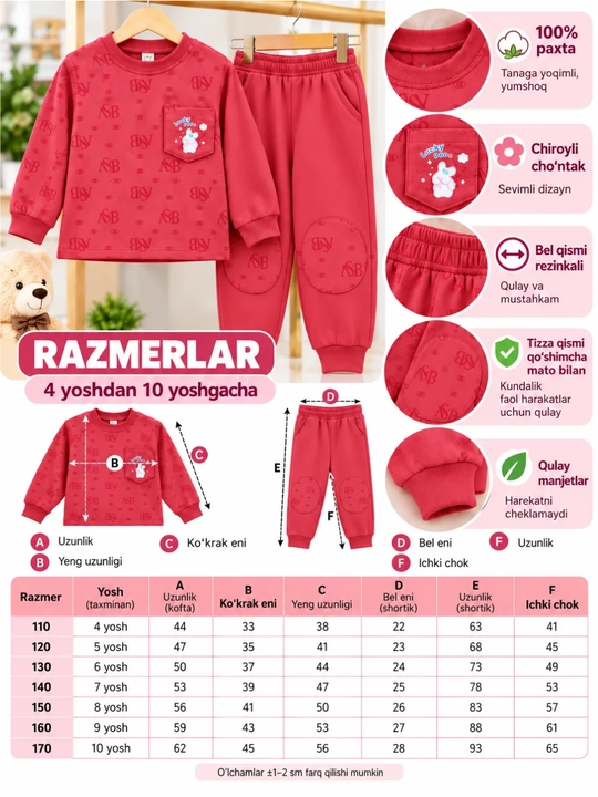 Qizlar uchun pushti sport kostyum, svitshot va shim, kundalik bolalar kiyimi