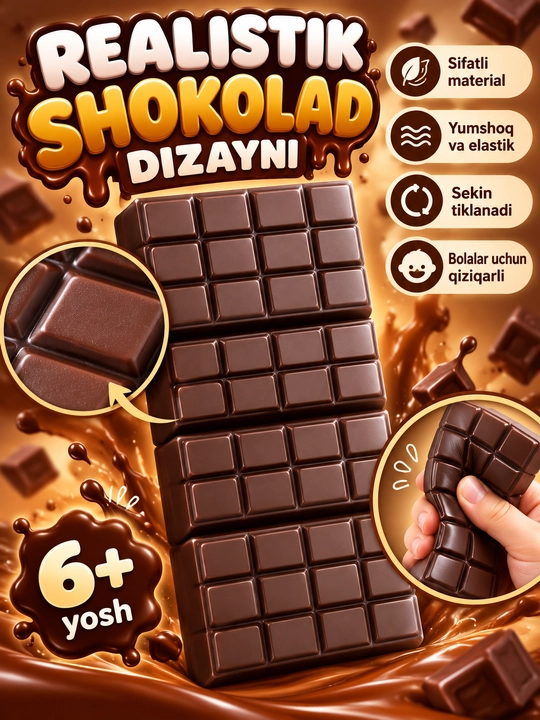 Chocolate Squishy shokolad shaklidagi yumshoq antistress o‘yinchoq bolalar uchun