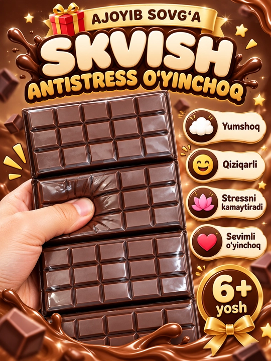 Chocolate Squishy shokolad shaklidagi yumshoq antistress o‘yinchoq bolalar uchun