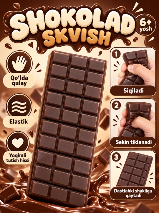 Chocolate Squishy shokolad shaklidagi yumshoq antistress o‘yinchoq bolalar uchun