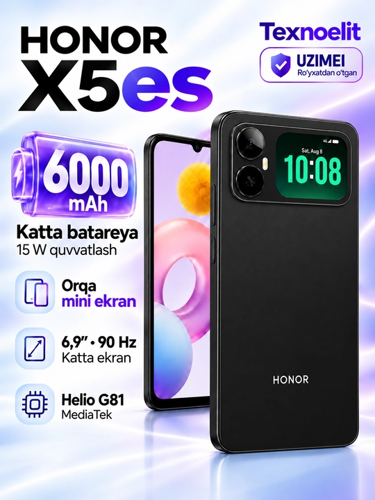 HONOR X5 es Smartfoni, orqa mini ekran, 6000 mAh, 6,9″ 90 Hz, 13 MP - 
