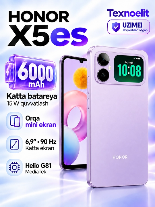 HONOR X5 es Smartfoni, orqa mini ekran, 6000 mAh, 6,9″ 90 Hz, 13 MP - 