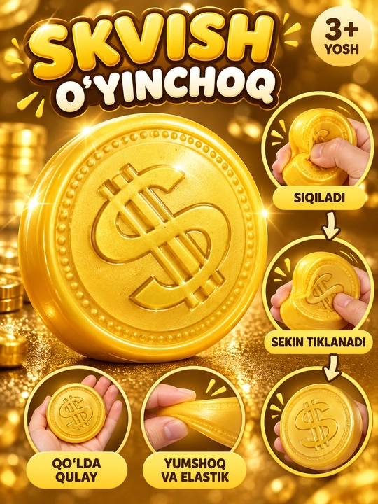 Gold Coin Squishy oltin tanga shaklidagi yumshoq antistress o‘yinchoq bolalar uchun