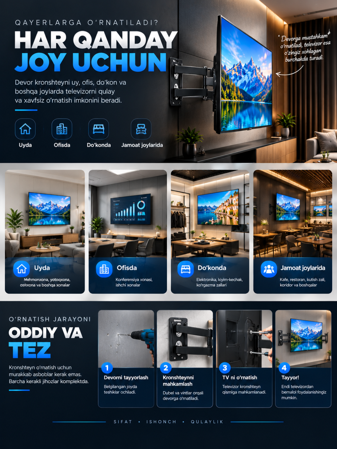 Televizor uchun qiya buriluvchi kronshteyn, 180 daraja 15-55