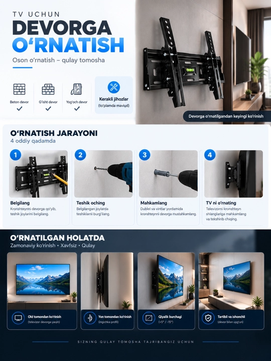 Televizor uchun qiya buriluvchi kronshteyn, 180 daraja 15-55