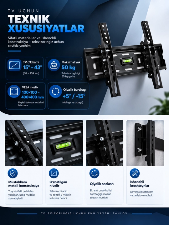 Televizor uchun qiya buriluvchi kronshteyn, 180 daraja 15-55