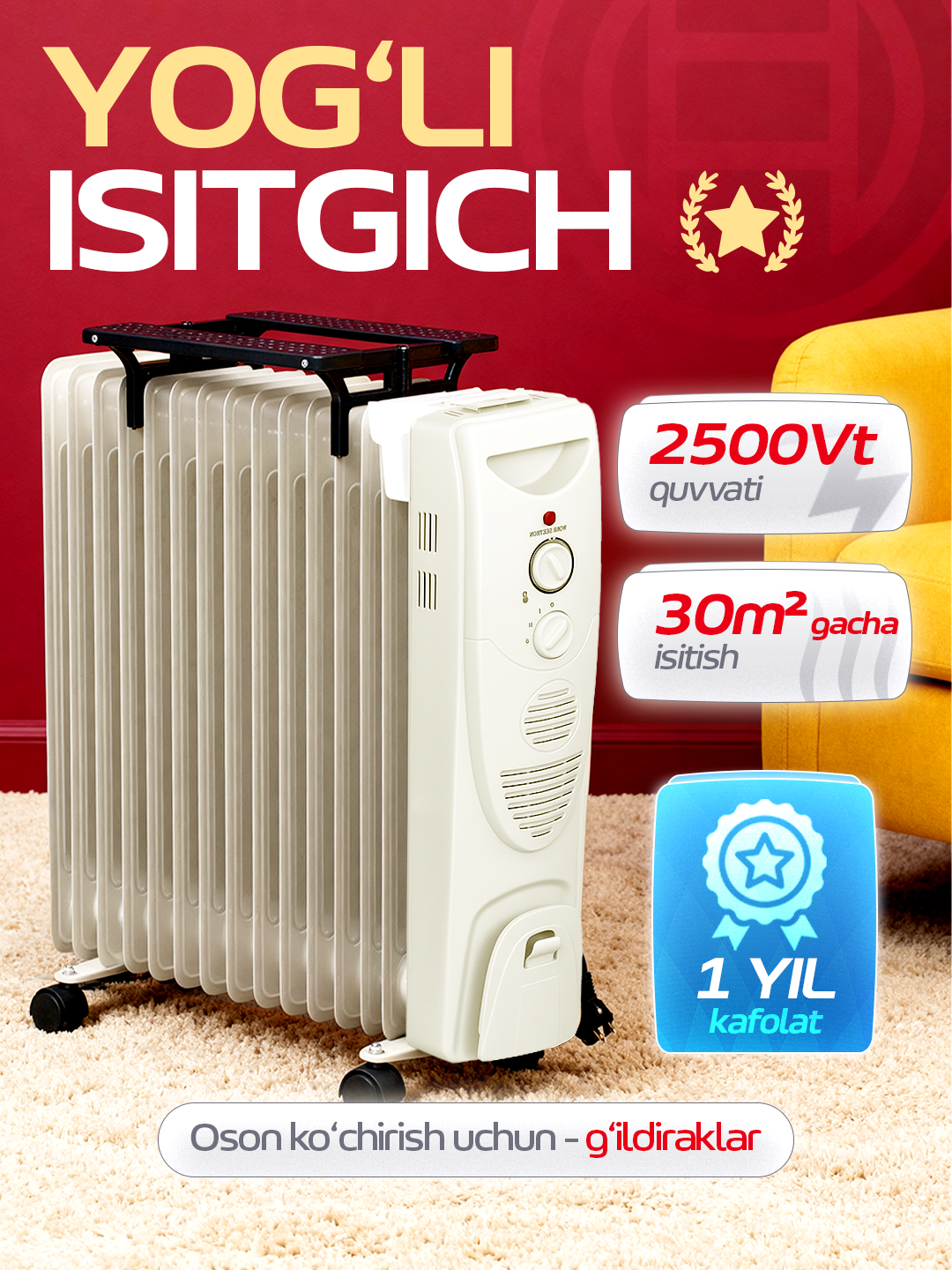 NIKAI moyli isitgichi, termo-puflanadigan pech + quritgich, 13 ta qovurg‘a, 30 kv.m gacha